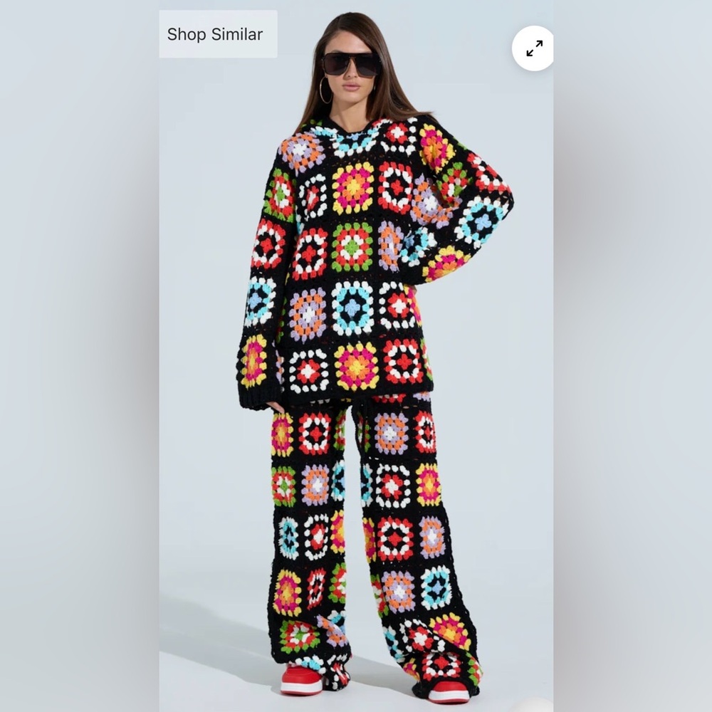 Akira Crochet Granny Square Sweatshirt Jogger Hoodie Wide Leg Pant Set 1X/2X